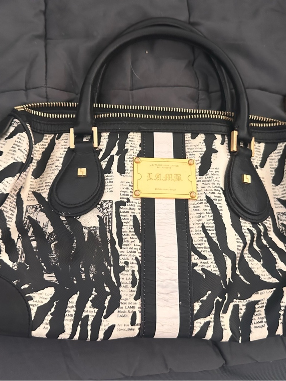 L.A.M.B. Black & White Zebra Stripe Satchel with Gold Plaque
